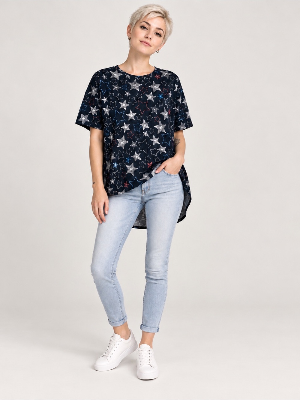 LuLaRoe Irma Tunic Top XS Black Multicolor Star Print High Low Oversized